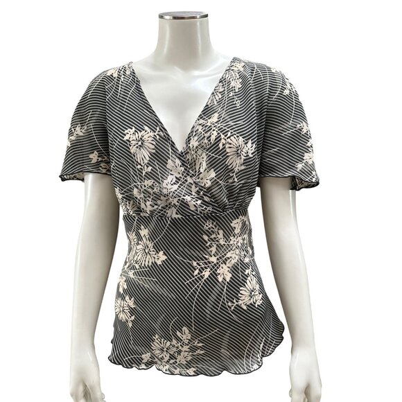 Jonathan Martin Studio Vintage Size 12 Black White Floral Wrap Blouse City Chic - Picture 2 of 8
